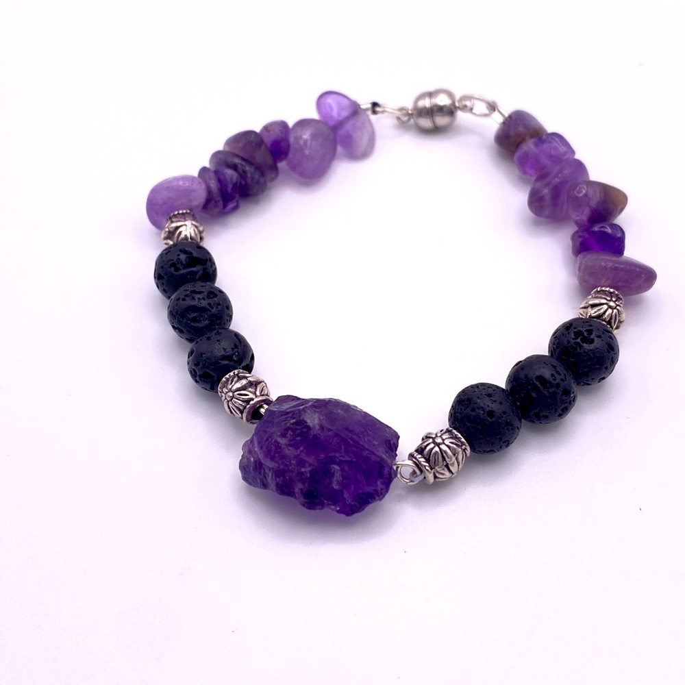 Amethyst and Lava Bead Bracelet, 7.5 inch Length